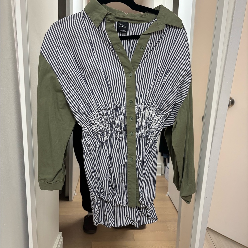 Zara Green and Striped Button-Up Blouse